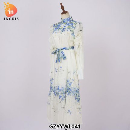 Women's New Long Sleeve Satin Vintage Stand Collar Lantern Sleeve Printed Dress European and American Women's Wear-GZYYWL041