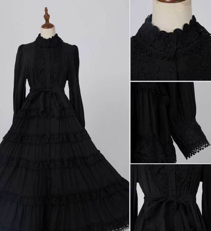 Elegant Autumn New Round Neck Embroidered Single Breasted Lace Splicing Bubble Long Sleeve Dress-GZYYKJ082