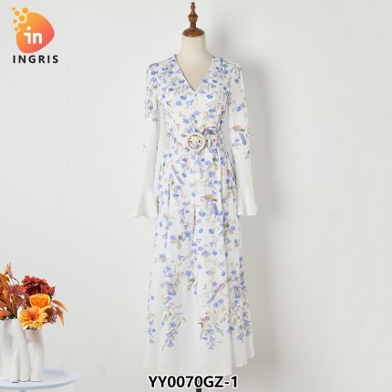 Fashion Wholesale Sweet V Neck Lantern Sleeve Slim High Waist Ruffles Floral Dress for Women-YY0070GZ