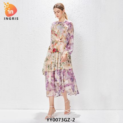 Modest Spring Casual Mandarin Collar Long Sleeves Floral Print Tiered Ruffles Chiffon Maxi Long Dress for Women-YY0073GZ