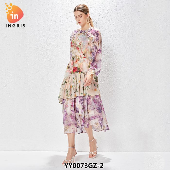 Modest Spring Casual Mandarin Collar Long Sleeves Floral Print Tiered Ruffles Chiffon Maxi Long Dress for Women-YY0073GZ