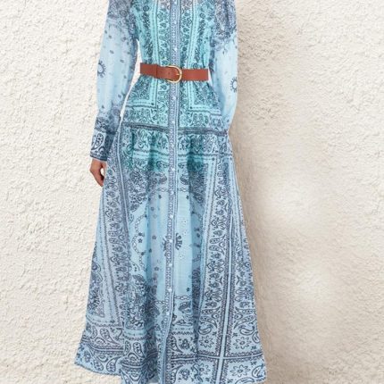 Casual Women's Spring New Vintage Blue and White Pottery Printed Polo Nail Bead Long Sleeve Waist Dresses-GZYYWL050.99