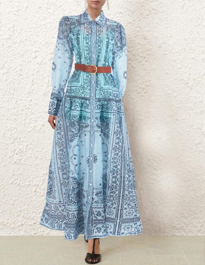 Casual Women's Spring New Vintage Blue and White Pottery Printed Polo Nail Bead Long Sleeve Waist Dresses-GZYYWL050.99
