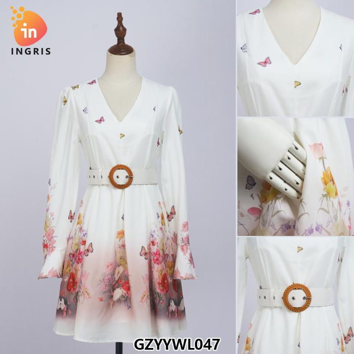 Elegant Women's Spring/Summer New Retro Fragmented Flower Skirt Standing Neck Lantern Sleeves Dress Women-GZYYWL047