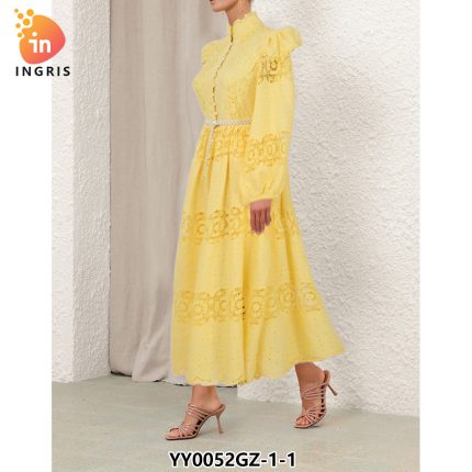 Fashion Lantern sleeve long sleeve solid color lace embroidery dress-YY0052GZ