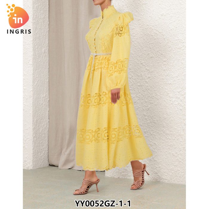 Fashion Lantern sleeve long sleeve solid color lace embroidery dress-YY0052GZ