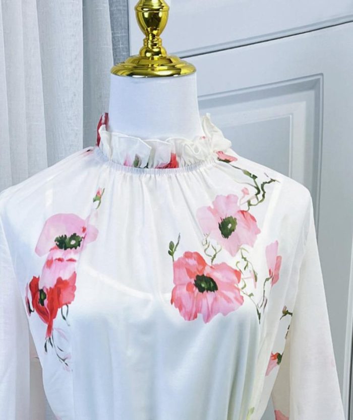New Spring Vintage Elegant Stand up Neck Waist Wrap Print Large Hem Dress-GZYYWL057