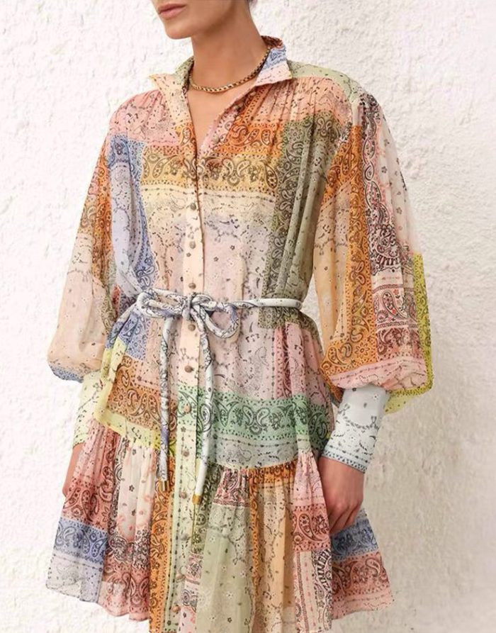 Casual beach vacation style printed women's large size loose long-sleeved inner short two-piece set-GZYYKJ011