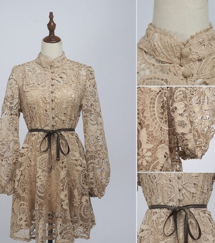 New Fashion Hook Flower Hollowed Out Water-soluble Lace for a Slimming and Stylish Dress With Belt-GZYYKJ031