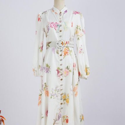 Wholesale Women's Clothing Spring New Lantern Sleeve Printed Single Breasted Dress-GZYYWL049