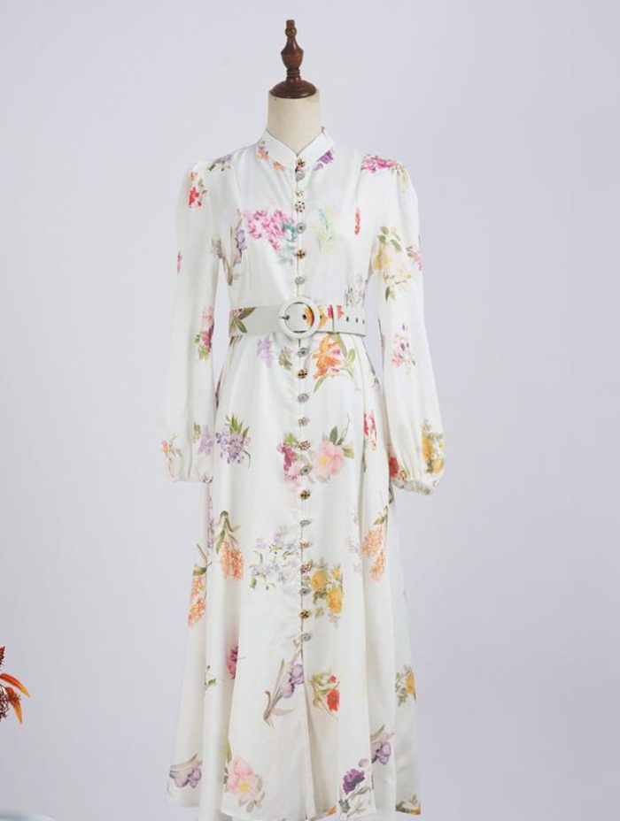 Wholesale Women's Clothing Spring New Lantern Sleeve Printed Single Breasted Dress-GZYYWL049