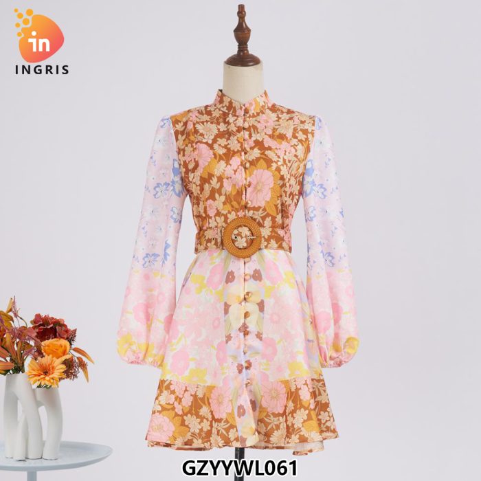 Spring/summer Thin Chic Stand-up Collar Single Breasted Lantern Long Sleeve Lace-up Waist Large Fold Hemline Printed Dress-GZYYWL061