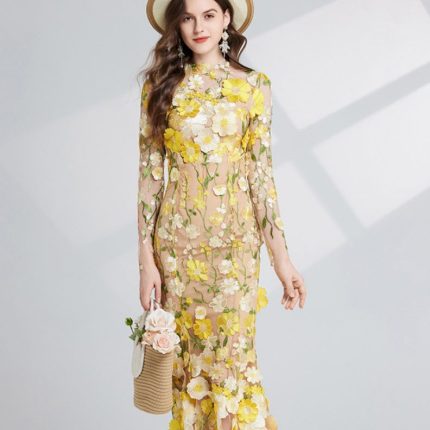 Fashion Flower Printed Embroidered Long Dress Women Elegant O-neck Long Sleeve Lace Slim Dresses Spring Female Party Robes-YY0033GZ