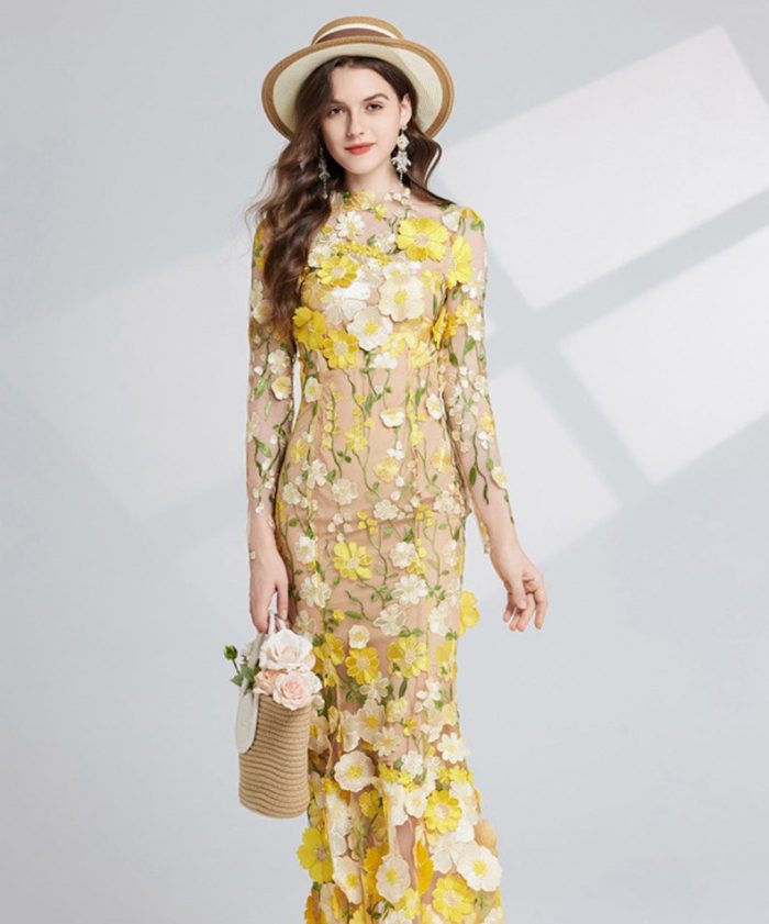 Fashion Flower Printed Embroidered Long Dress Women Elegant O-neck Long Sleeve Lace Slim Dresses Spring Female Party Robes-YY0033GZ