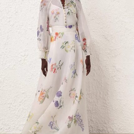 Vintage Lace V-neck Flower Bead Buckle Waist Swing Puff Printed Long Dress Autumn New Wholesale Clothing-GZYYKJ80