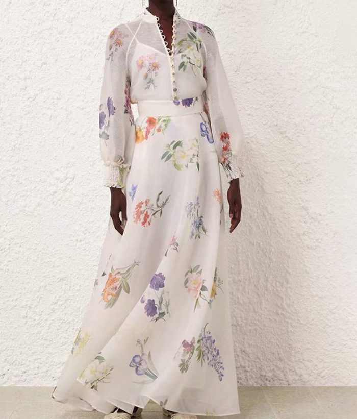 Vintage Lace V-neck Flower Bead Buckle Waist Swing Puff Printed Long Dress Autumn New Wholesale Clothing-GZYYKJ80