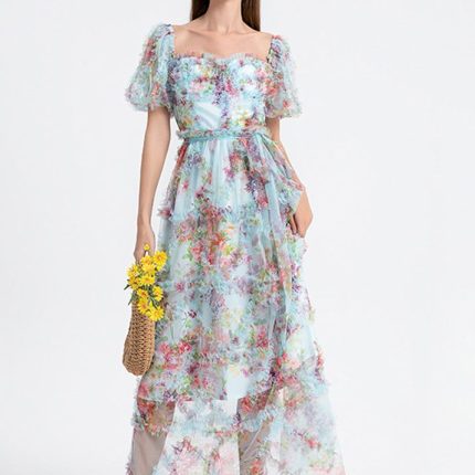 Runway Fashion Print Vintage a Line Dress for Women Square Collar Puff Sleeve High Waist Patchwork Sheer Mesh Dresses Female New-YY0022GZ