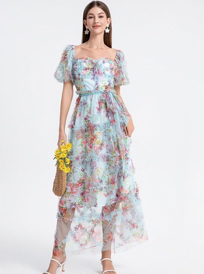 Runway Fashion Print Vintage a Line Dress for Women Square Collar Puff Sleeve High Waist Patchwork Sheer Mesh Dresses Female New-YY0022GZ