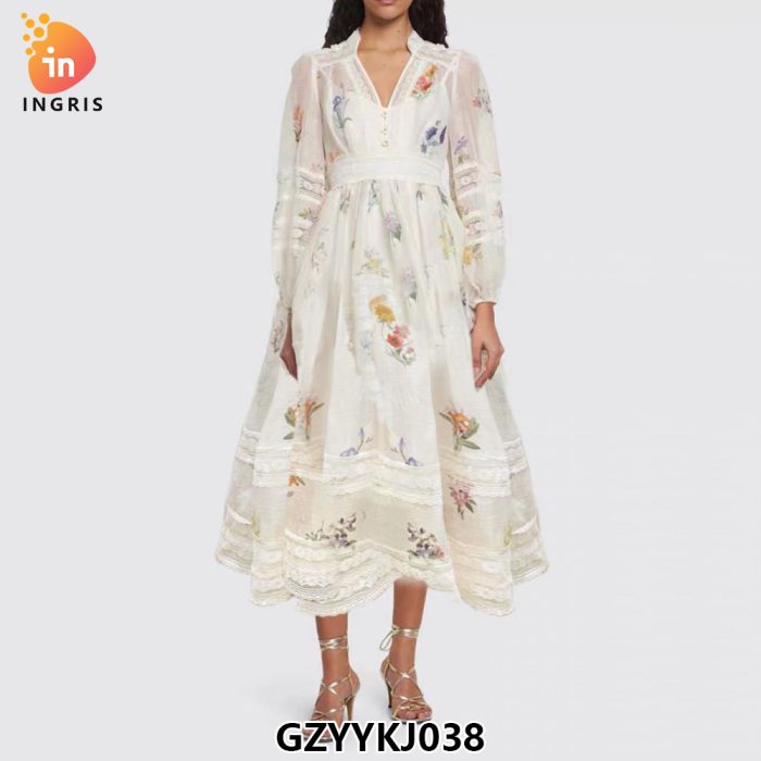 Mr. Water New York Natural Organic Cotton. Retro French Style V Neck Embroidery Flower Dress.-GZYYKJ038
