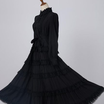 Elegant Autumn New Round Neck Embroidered Single Breasted Lace Splicing Bubble Long Sleeve Dress-GZYYKJ082
