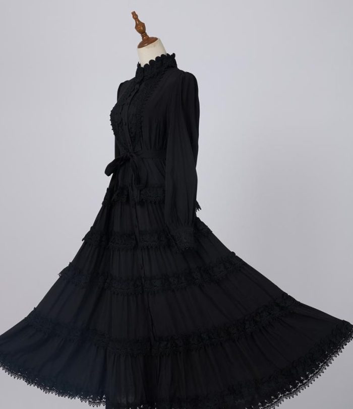 Elegant Autumn New Round Neck Embroidered Single Breasted Lace Splicing Bubble Long Sleeve Dress-GZYYKJ082