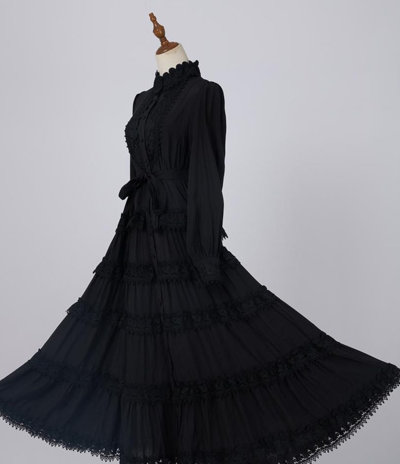 Elegant Autumn New Round Neck Embroidered Single Breasted Lace Splicing Bubble Long Sleeve Dress-GZYYKJ082