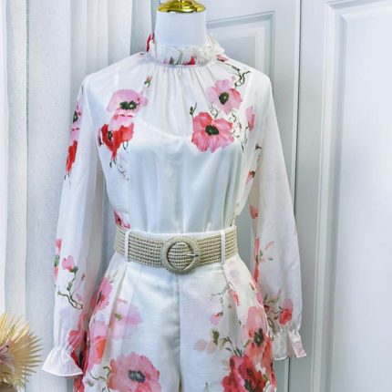 New Spring Vintage Elegant Stand up Neck Waist Wrap Print Large Hem Dress-GZYYWL057