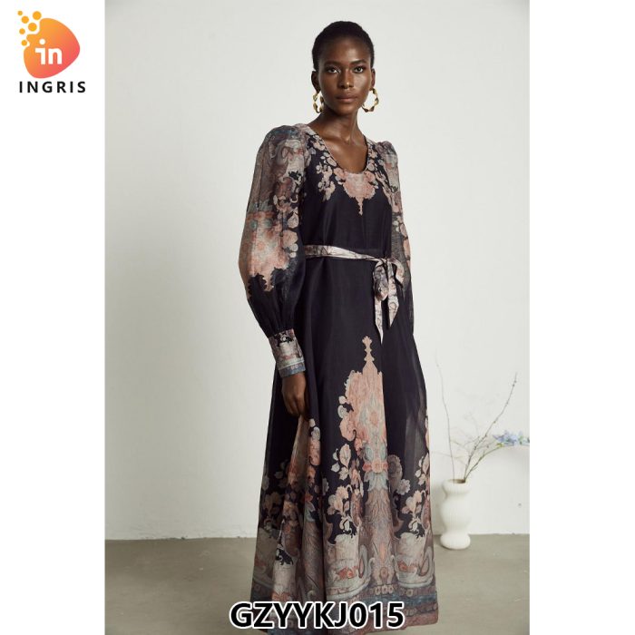 Hot-selling High Quality Vintage Tunic Slim Midi Dress for Women Empire Printed Ladies Elegant Dresses-GZYYKJ015