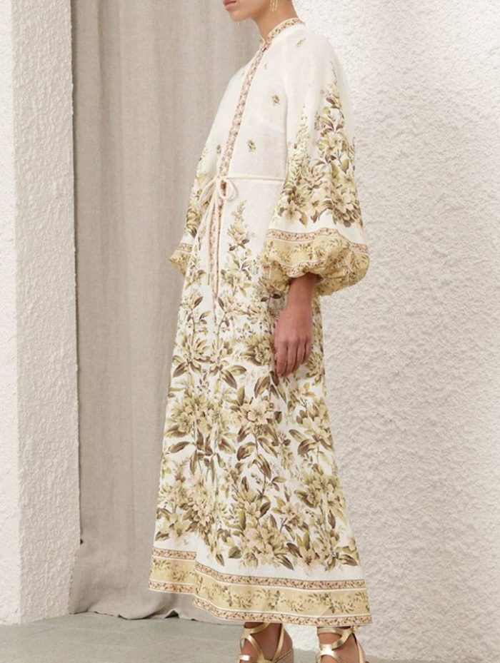 Wholesale Custom Stand Collar Flared Sleeve Printed Long Lace Dress-GZYYKJ012