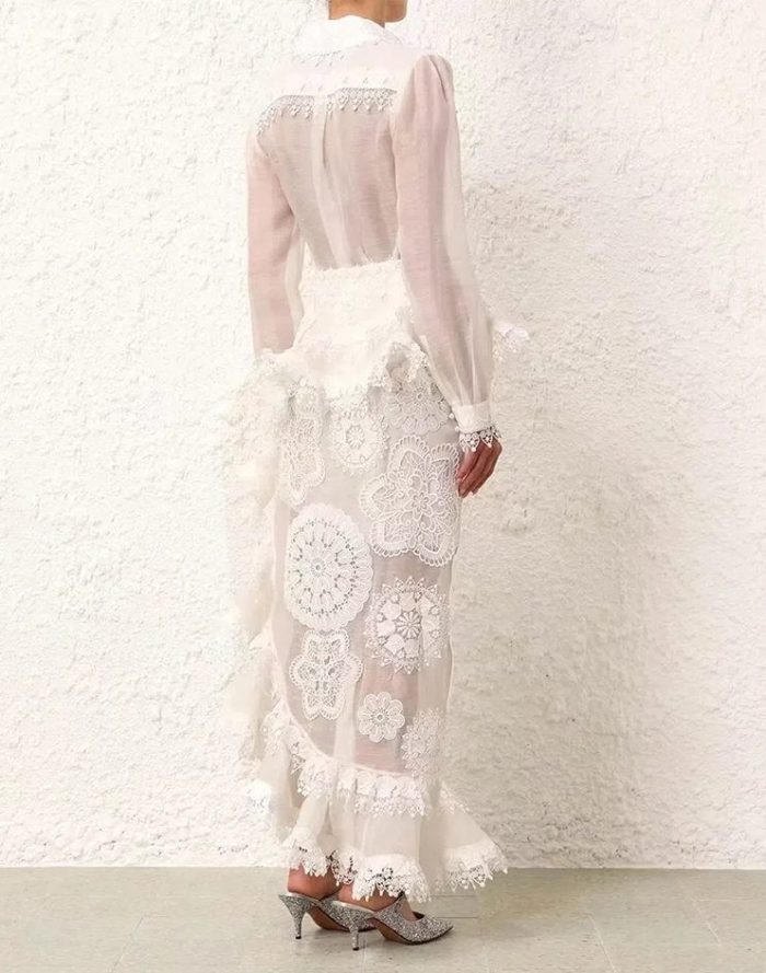 New Trendy Women Lace Pleated Crocheted Collar Causal Blouses Female Long Puffy Sleeve Elegant Blouses Resort Summer Shirt-GZYYKJ091