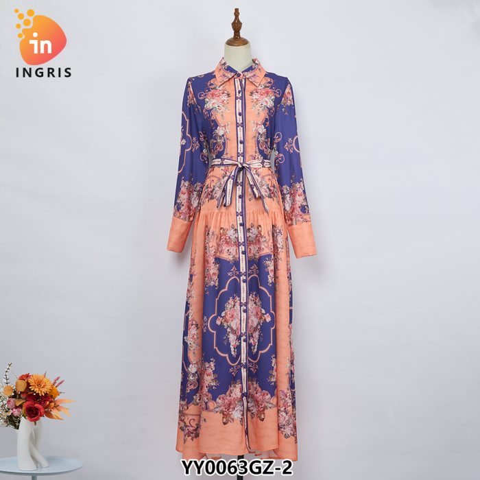 Stand Collar Trumpet Sleeve Printed Long Lace Dress-YY0063GZ