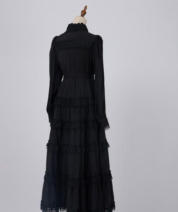 Elegant Autumn New Round Neck Embroidered Single Breasted Lace Splicing Bubble Long Sleeve Dress-GZYYKJ082