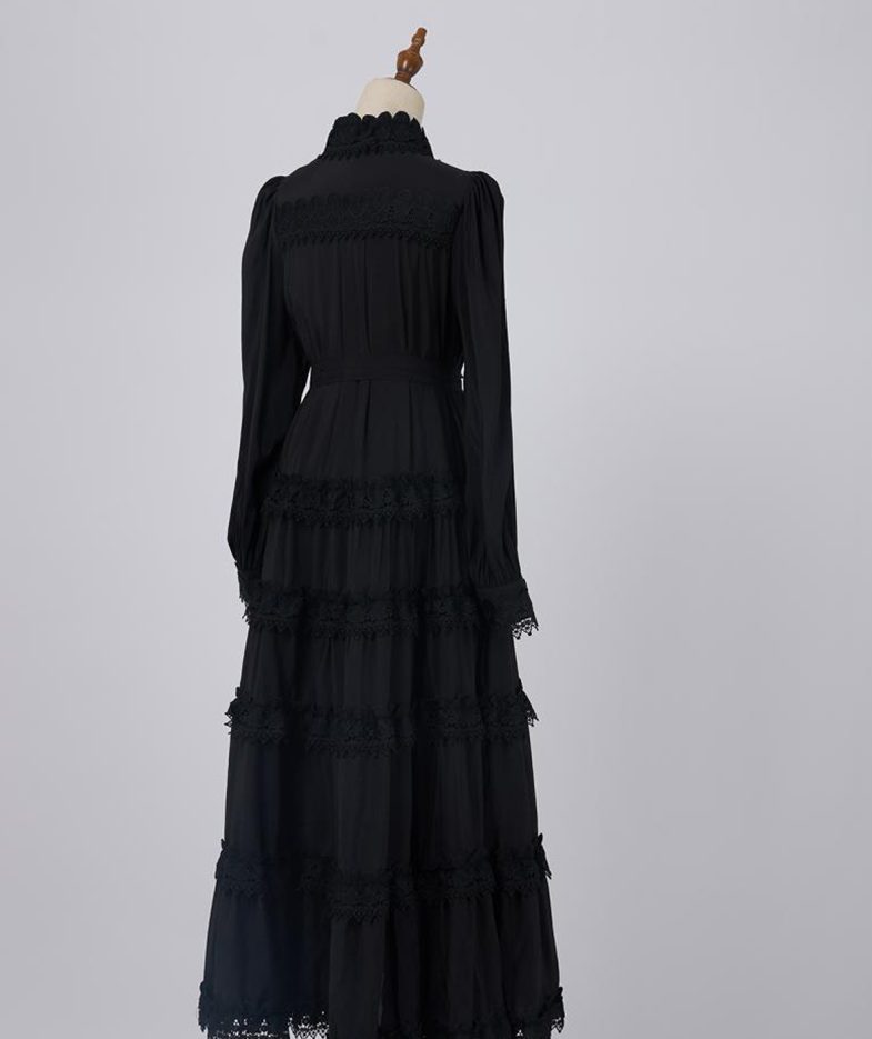 Elegant Autumn New Round Neck Embroidered Single Breasted Lace Splicing Bubble Long Sleeve Dress-GZYYKJ082