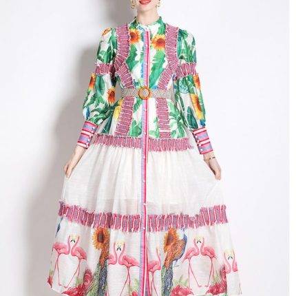 Beach dress Spring and autumn fashion lantern sleeve stand collar A-line dress-YY0030GZ