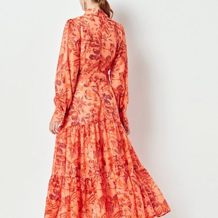 New Product Explosion Long Sleeve Round Neck Button Down Fitted Waist Ruffled Floral Printing Adjustable Strap Maxi Dress Women-YY0067GZ