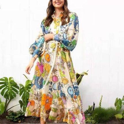 Lantern Long Sleeve Turn Down Collar Elastic Waist Floral Print Long Dress-GZYYKJ042