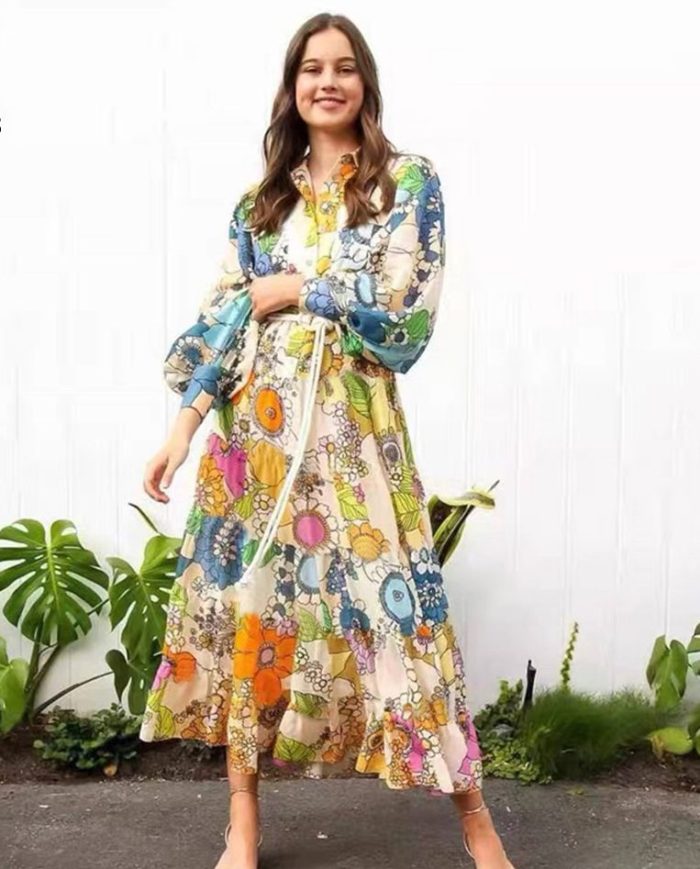 Lantern Long Sleeve Turn Down Collar Elastic Waist Floral Print Long Dress-GZYYKJ042