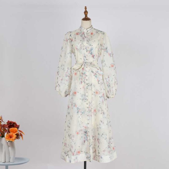 Spring Sweet Tunic Bandage Casual Midi Dress for Women Empire Printed Ruffled Lace Dress-GZYY0002