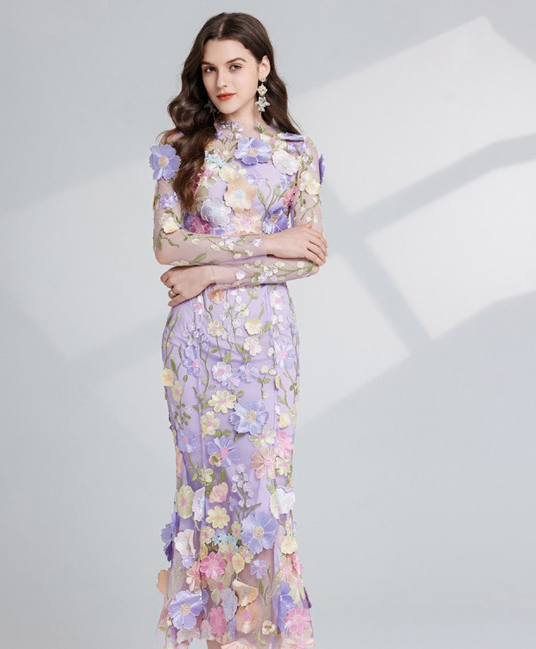 Fashion Flower Printed Embroidered Long Dress Women Elegant O-neck Long Sleeve Lace Slim Dresses Spring Female Party Robes-YY0033GZ
