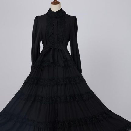Elegant Autumn New Round Neck Embroidered Single Breasted Lace Splicing Bubble Long Sleeve Dress-GZYYKJ082