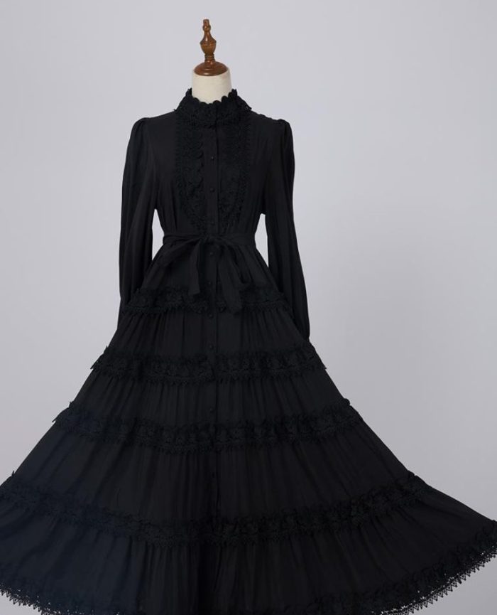 Elegant Autumn New Round Neck Embroidered Single Breasted Lace Splicing Bubble Long Sleeve Dress-GZYYKJ082