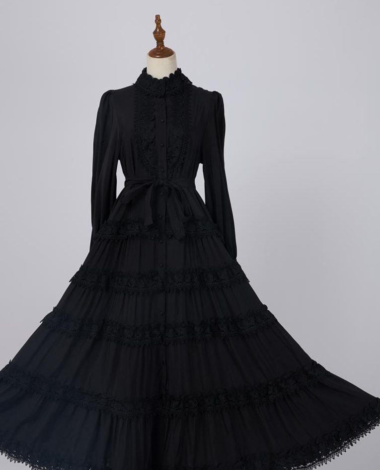 Elegant Autumn New Round Neck Embroidered Single Breasted Lace Splicing Bubble Long Sleeve Dress-GZYYKJ082