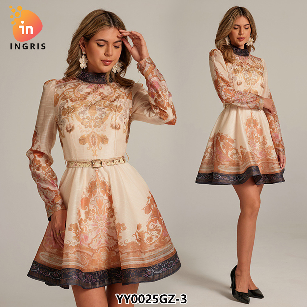 French Retro Standing Collar Lantern Sleeve Printed Dress for Women in Autumn New Collection Waist Slimming A-line Short Skirt-YY0025GZ