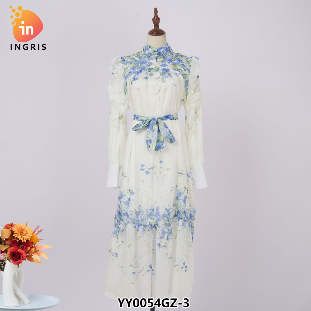 Stand Collar Tunic Bandage Casual Midi Dress for Women Long Sleeve Empire Printed Lace Dress Red Yellow-YY0054GZ