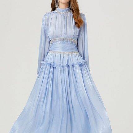 Heavy Industry Small Tassel Diamonds Illuminating Folded Waist Large Swing A-line Long Maxi Dress 2024-YY0006GZ