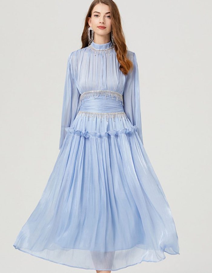 Heavy Industry Small Tassel Diamonds Illuminating Folded Waist Large Swing A-line Long Maxi Dress 2024-YY0006GZ