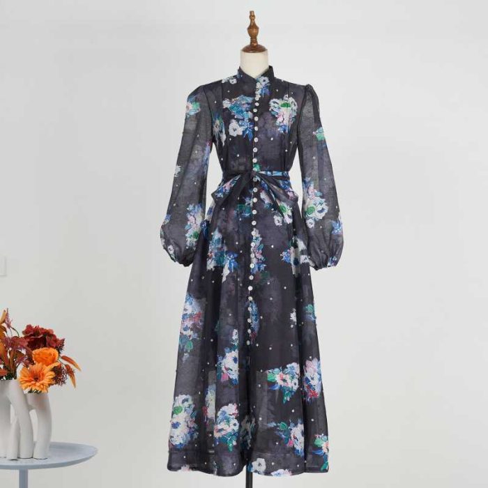 Spring Sweet Tunic Bandage Casual Midi Dress for Women Empire Printed Ruffled Lace Dress-GZYY0002