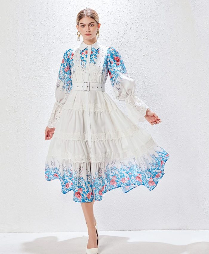 Wholesale Middle Eastern Fashion Clothing Digital Print Mid Waist Long Dress Puffy Sleeve Lapel Robe Women Muslim Abaya-YY0071GZ