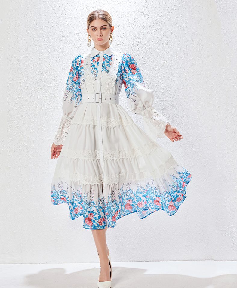 Wholesale Middle Eastern Fashion Clothing Digital Print Mid Waist Long Dress Puffy Sleeve Lapel Robe Women Muslim Abaya-YY0071GZ