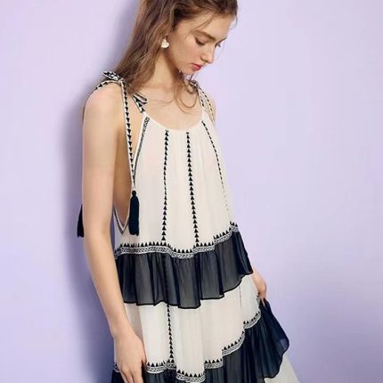 Wholesale Colorblock Tiered Silk Georgette Maxi Dresses Sleeveless Loose Holiday Vacation Dress Beach Ladies Dress-GZYYKJ074